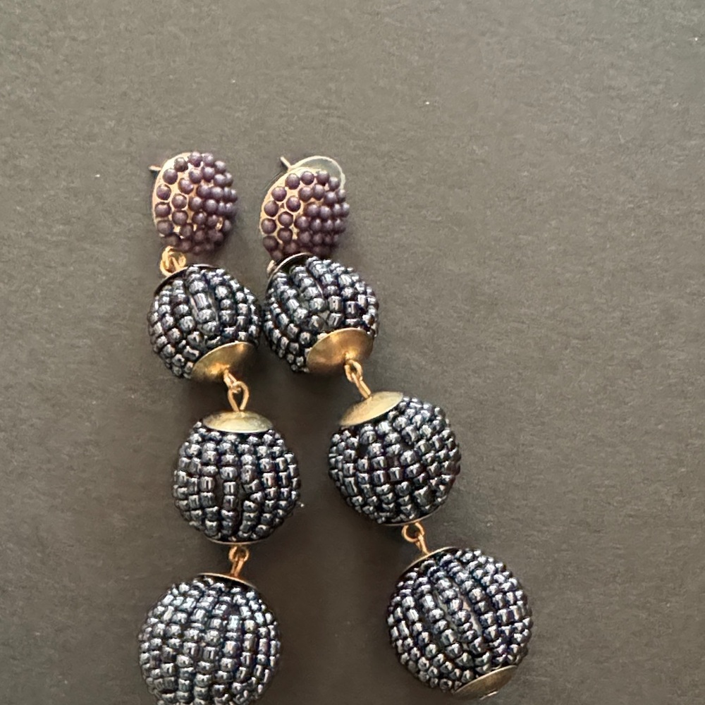 Beaded Drop Earrings - Navy and Gold Tone